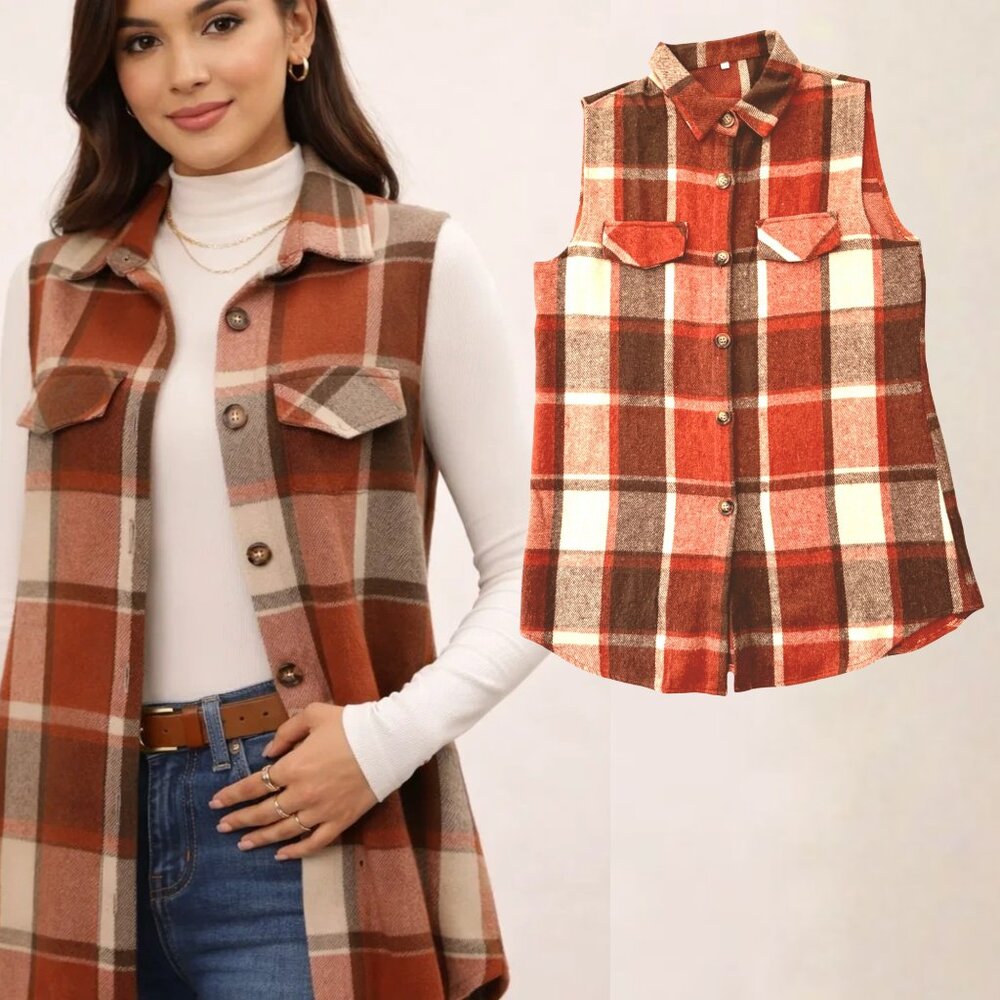 Plaid Sleeveless Button Front Vest Size L Orange Brown Flannel Style
